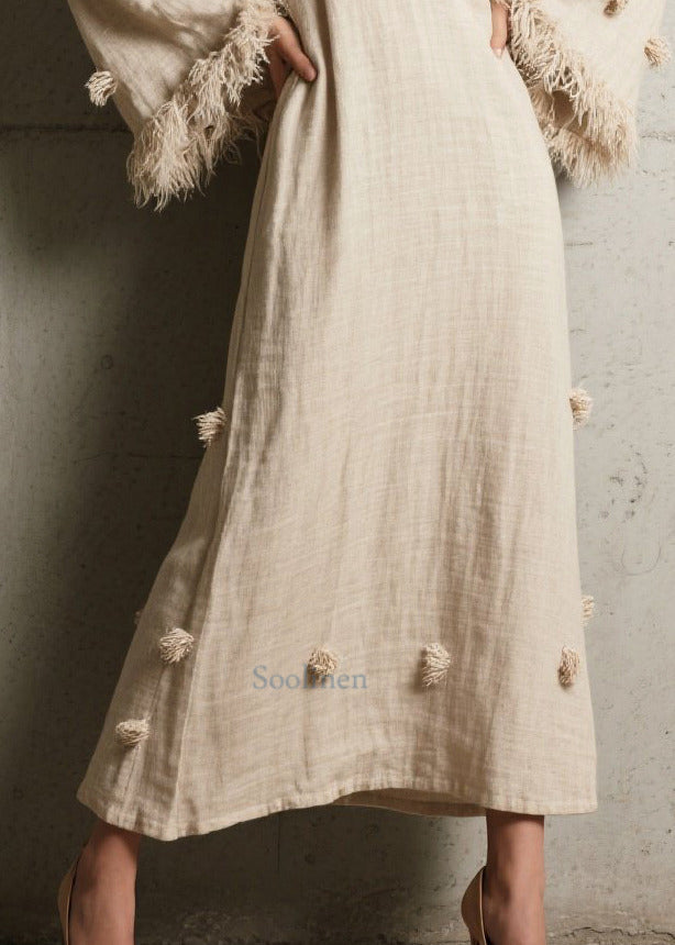 Simple White V Neck Patchwork Fuzzy Ball Decorated Maxi Dress Flare Sleeve
