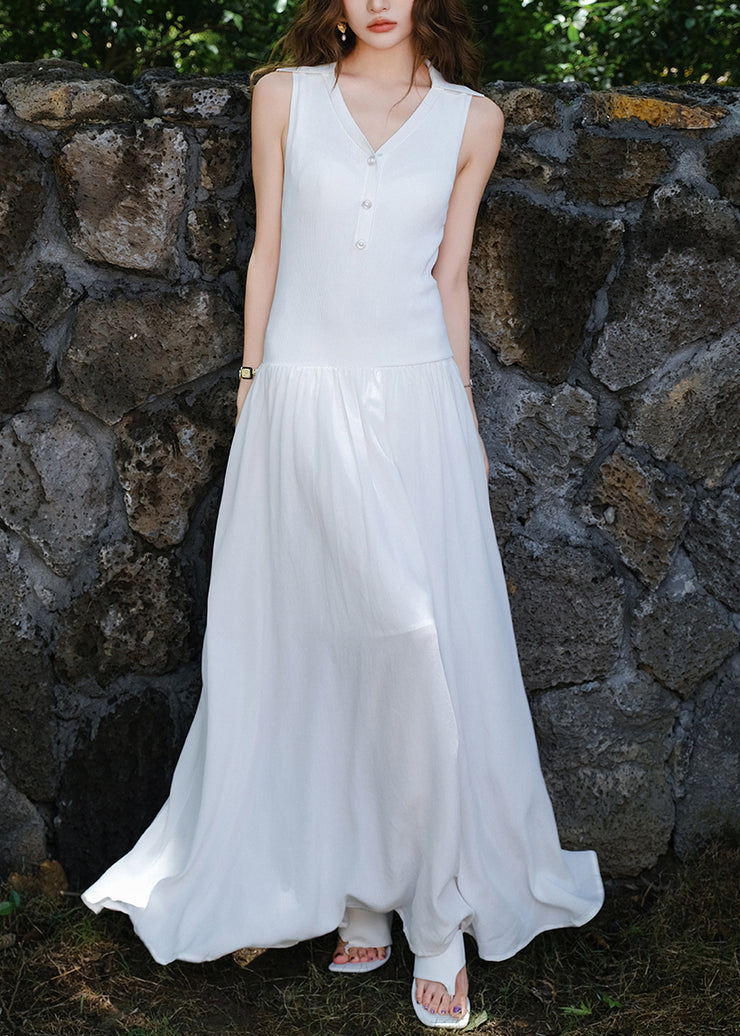 Simple White V Neck Patchwork Knitting Cotton Maxi Dresses Sleeveless