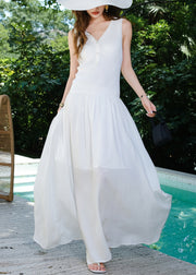 Simple White V Neck Patchwork Knitting Cotton Maxi Dresses Sleeveless
