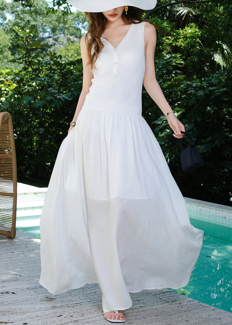 Simple White V Neck Patchwork Knitting Cotton Maxi Dresses Sleeveless