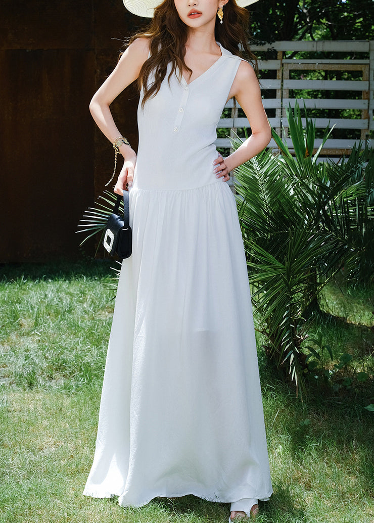 Simple White V Neck Patchwork Knitting Cotton Maxi Dresses Sleeveless