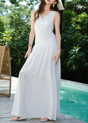 Simple White V Neck Patchwork Knitting Cotton Maxi Dresses Sleeveless