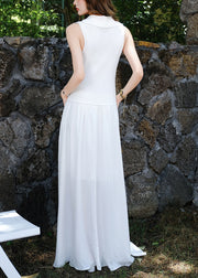 Simple White V Neck Patchwork Knitting Cotton Maxi Dresses Sleeveless