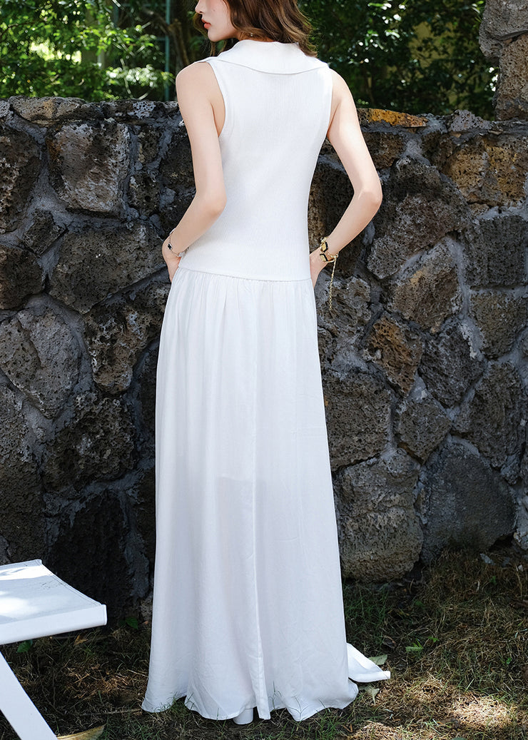 Simple White V Neck Patchwork Knitting Cotton Maxi Dresses Sleeveless