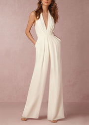 Simple White V Neck Pockets Backless Cotton Jumpsuit Sleeveless