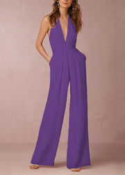 Simple White V Neck Pockets Backless Cotton Jumpsuit Sleeveless