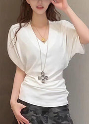 Simple White V Neck Solid Cotton T Shirt Summer