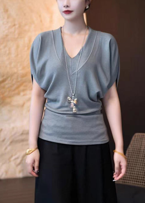 Simple White V Neck Solid Cotton T Shirt Summer