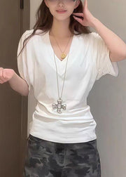 Simple White V Neck Solid Cotton T Shirt Summer