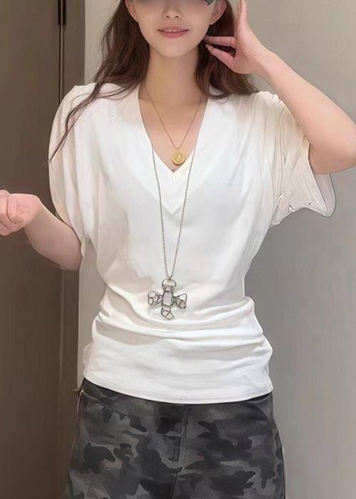 Simple White V Neck Solid Cotton T Shirt Summer
