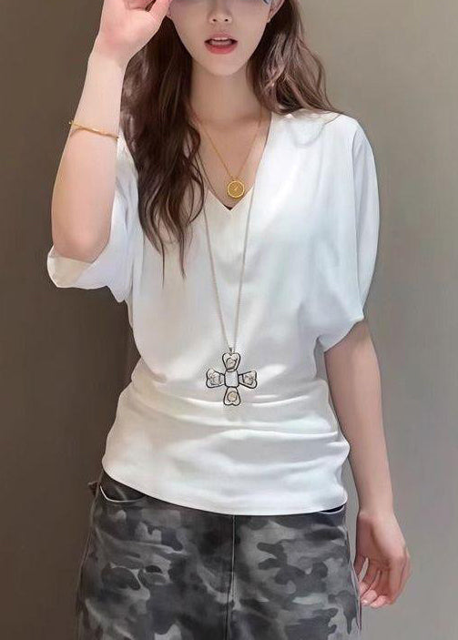 Simple White V Neck Solid Cotton T Shirt Summer