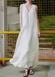 Simple White V Neck Wrinkled Chiffon Long Dress Sleeveless