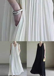 Simple White V Neck Wrinkled Chiffon Long Dress Sleeveless
