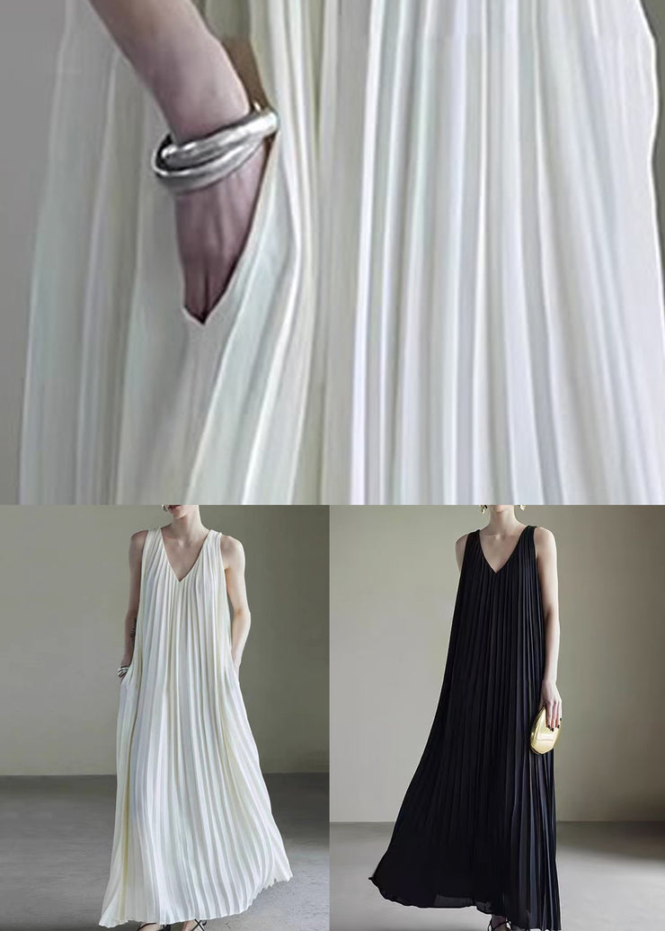 Simple White V Neck Wrinkled Chiffon Long Dress Sleeveless