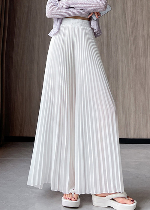 Simple White Wrinkled Elastic Waist Chiffon Pants Summer