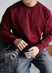Simple Wine Red O Neck Solid Cotton Oversized T Shirt Men Fall