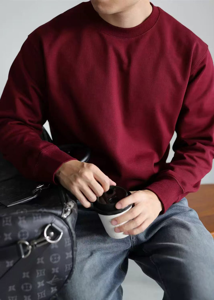 Simple Wine Red O Neck Solid Cotton Oversized T Shirt Men Fall