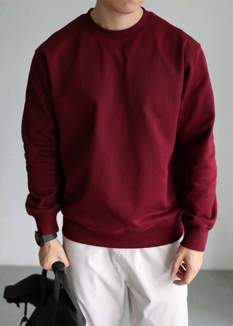 Simple Wine Red O Neck Solid Cotton Oversized T Shirt Men Fall