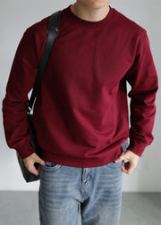 Simple Wine Red O Neck Solid Cotton Oversized T Shirt Men Fall