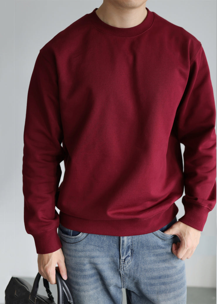 Simple Wine Red O Neck Solid Cotton Oversized T Shirt Men Fall