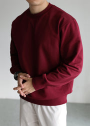 Simple Wine Red O Neck Solid Cotton Oversized T Shirt Men Fall