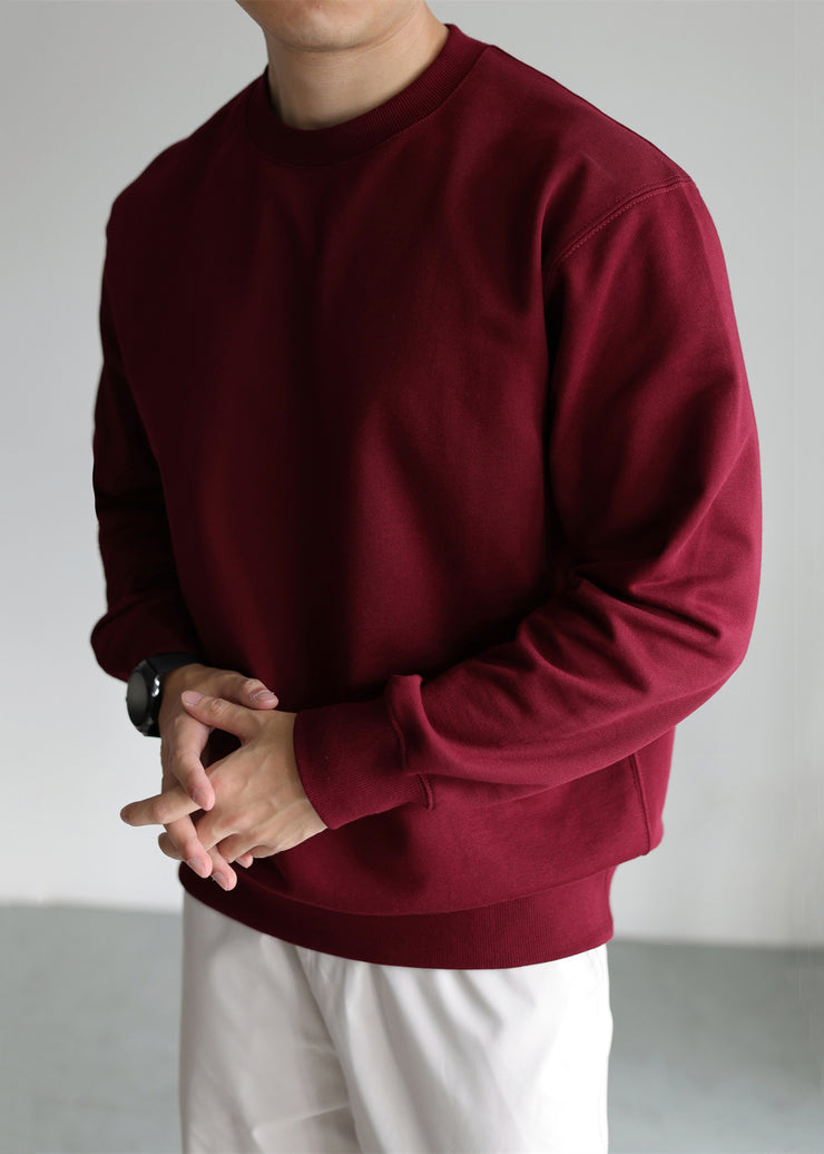 Simple Wine Red O Neck Solid Cotton Oversized T Shirt Men Fall