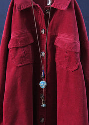 Simple Wine Red Peter Pan Collar Patchwork Corduroy Shirt Fall