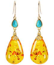 Simple Yellow 14K Gold Water Drop Amber Beeswax Drop Earrings