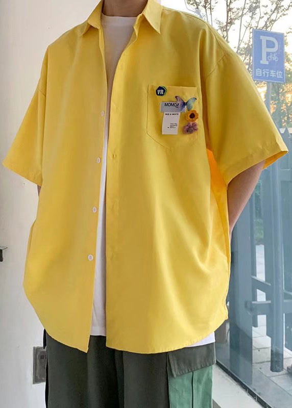 Simple Yellow Button Pockets Cotton Men Shirts Half Sleeve