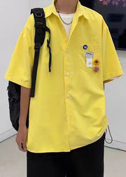 Simple Yellow Button Pockets Cotton Men Shirts Half Sleeve