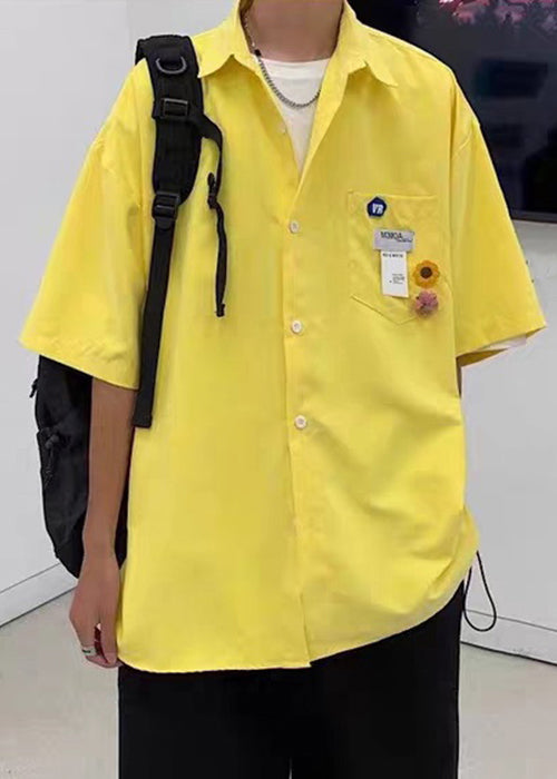 Simple Yellow Button Pockets Cotton Men Shirts Half Sleeve