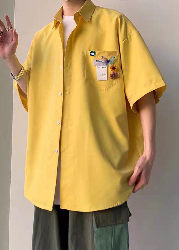 Simple Yellow Button Pockets Cotton Men Shirts Half Sleeve