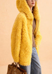 Simple Yellow Hooded Solid Teddy Faux Fur Coats Winter