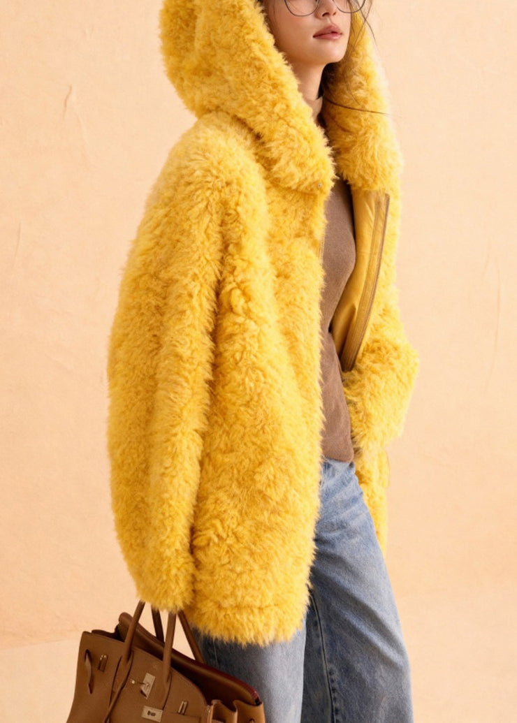 Simple Yellow Hooded Solid Teddy Faux Fur Coats Winter