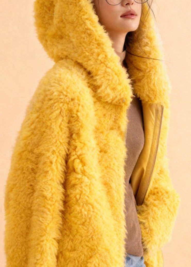 Simple Yellow Hooded Solid Teddy Faux Fur Coats Winter