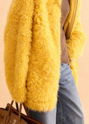 Simple Yellow Hooded Solid Teddy Faux Fur Coats Winter