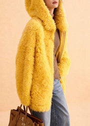Simple Yellow Hooded Solid Teddy Faux Fur Coats Winter