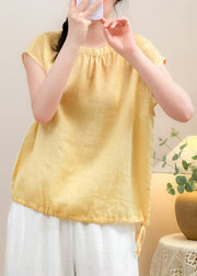 Simple Yellow O Neck Lace Up Linen Shirt Summer