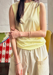 Simple Yellow O Neck Solid Cotton Top Sleeveless
