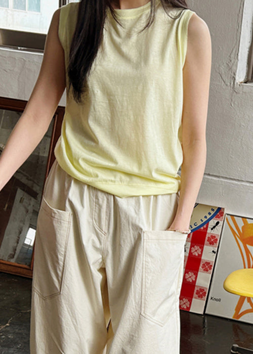 Simple Yellow O Neck Solid Cotton Top Sleeveless