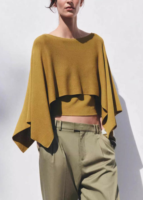 Simple Yellow O-Neck Solid Knit Top Batwing Sleeve