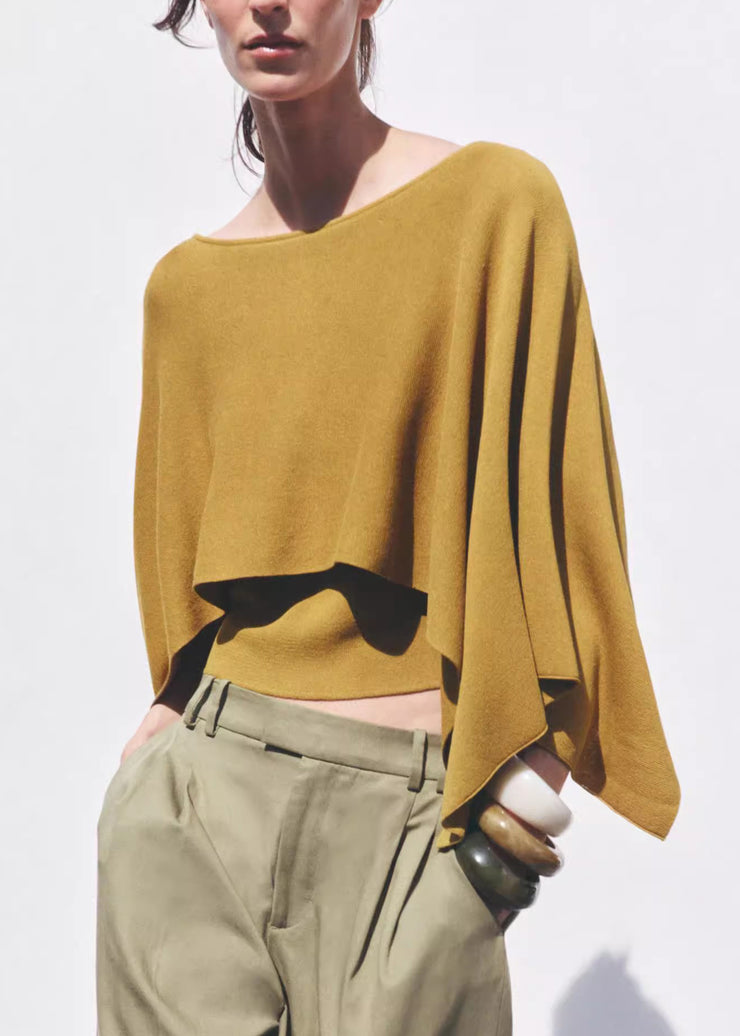 Simple Yellow O-Neck Solid Knit Top Batwing Sleeve