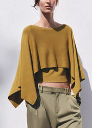 Simple Yellow O-Neck Solid Knit Top Batwing Sleeve