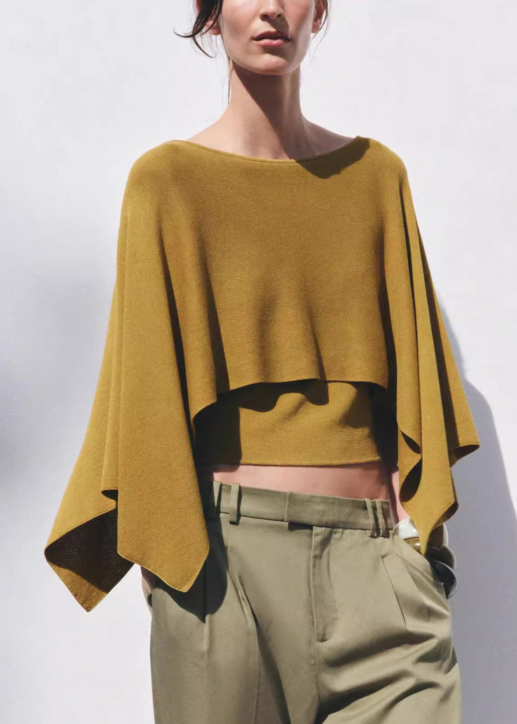 Simple Yellow O-Neck Solid Knit Top Batwing Sleeve