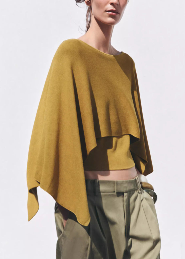 Simple Yellow O-Neck Solid Knit Top Batwing Sleeve