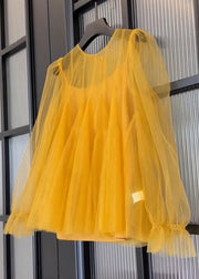 Simple Yellow O-Neck Solid Tulle Two Piece Set Fall