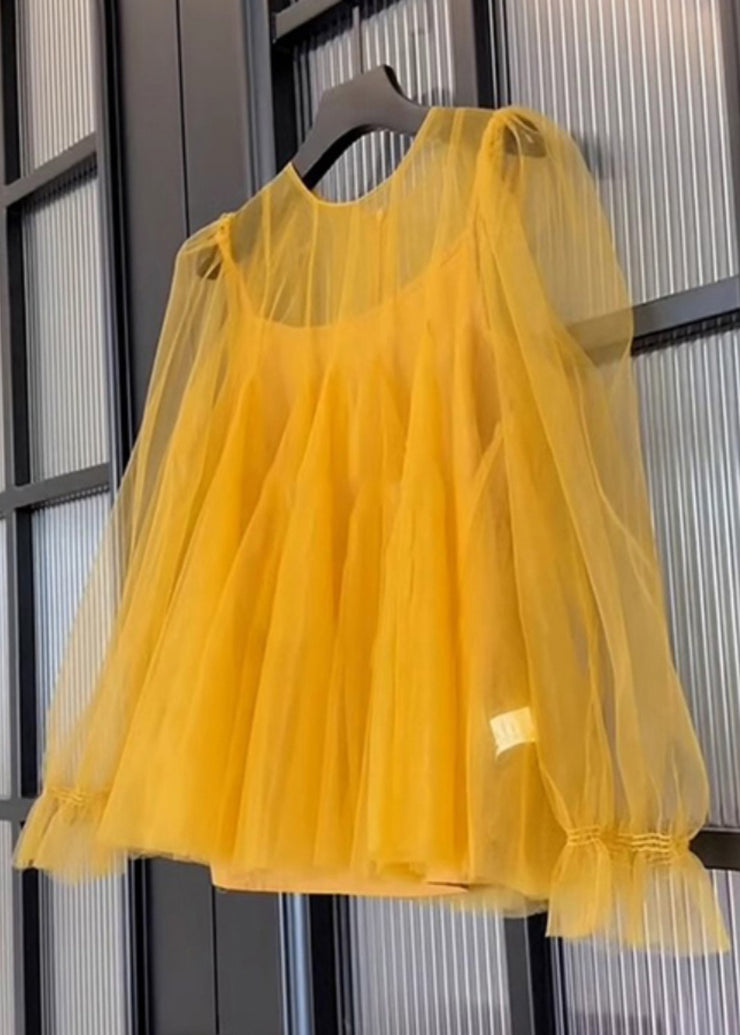 Simple Yellow O-Neck Solid Tulle Two Piece Set Fall