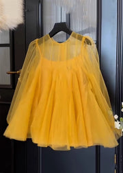 Simple Yellow O-Neck Solid Tulle Two Piece Set Fall
