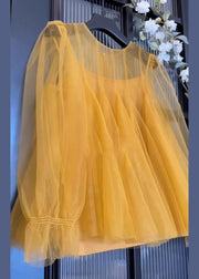 Simple Yellow O-Neck Solid Tulle Two Piece Set Fall