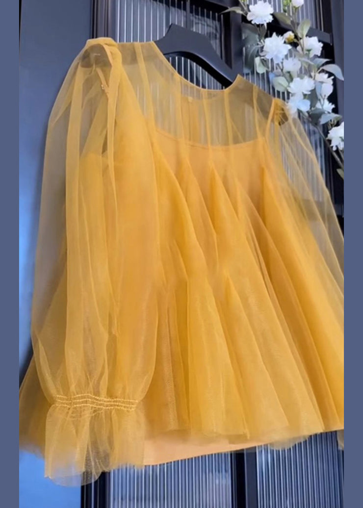 Simple Yellow O-Neck Solid Tulle Two Piece Set Fall